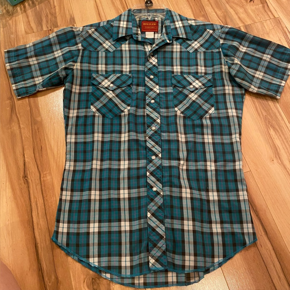 Rustler Men’s Teal Plaid Short-Sleeve Snap Shirt—S